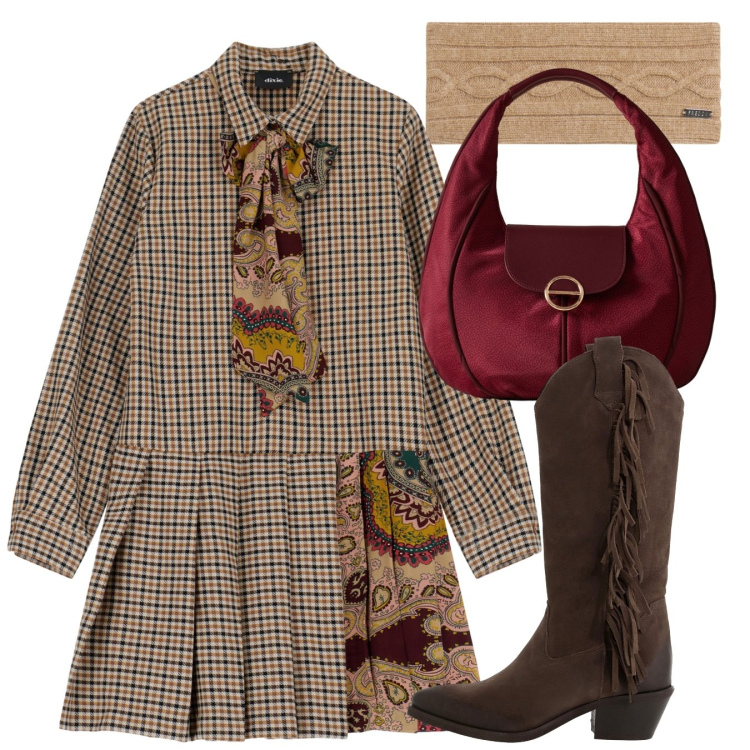 Outfit donna - Wales di tendenza. Stile Chic per Tutti i giorni. Abbinamento con vestiti, stivali, accessori per capelli, borse a spalla.