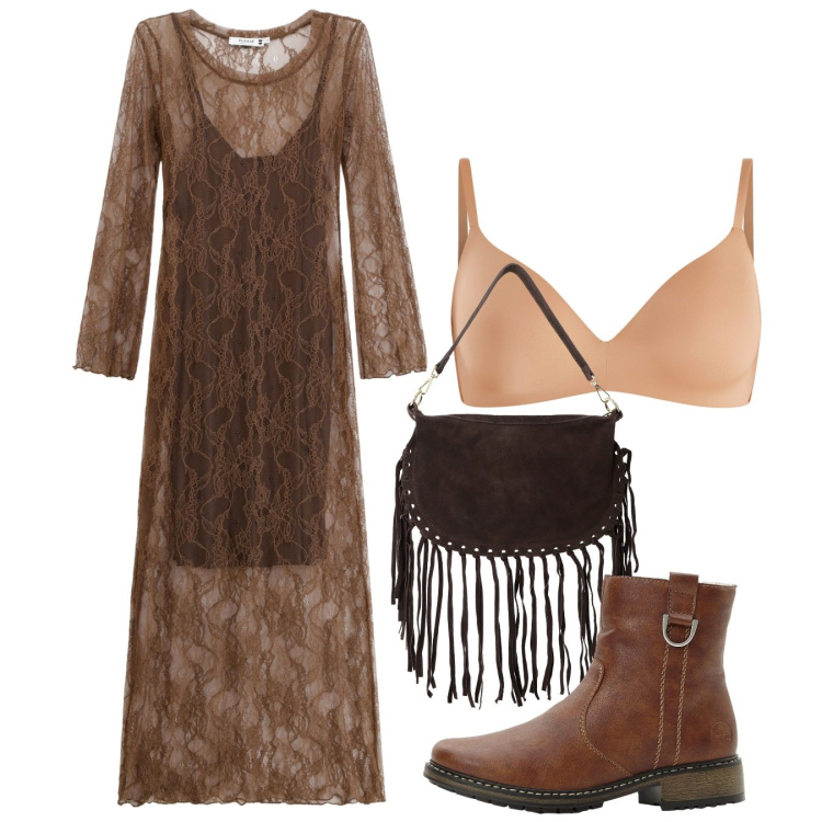 Outfit donna - Serata brown. Stile Chic per Serata fuori. Abbinamento con stivaletti, vestiti lunghi, borse a tracolla, reggiseni a balconcino.