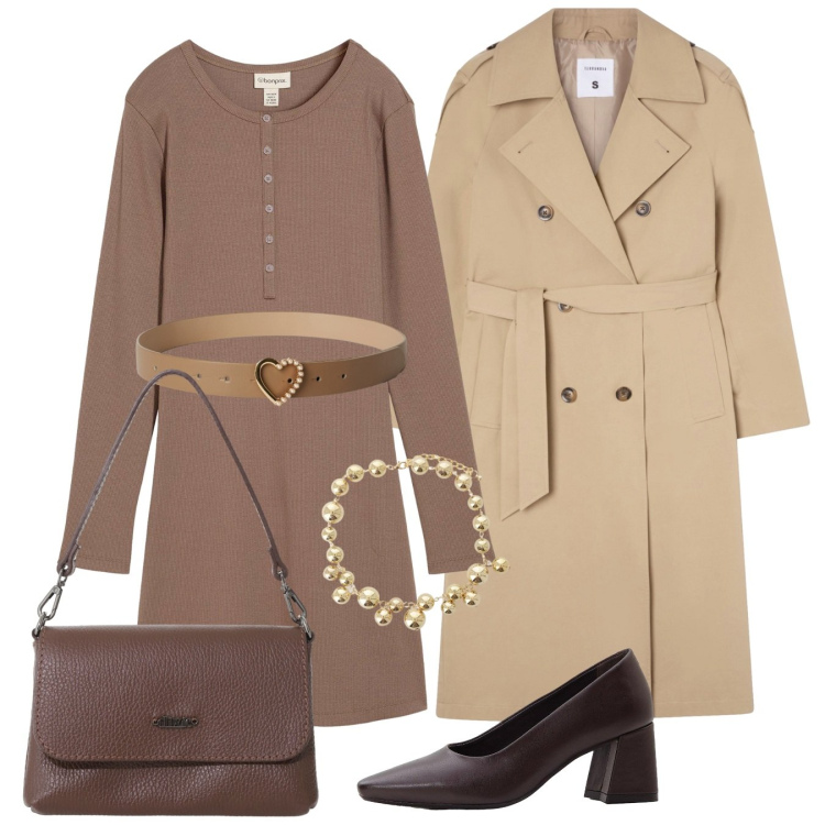 Outfit donna - Noisette. Stile Bon Ton per Tutti i giorni. Abbinamento con décolleté, vestiti, cinture, trench, borse a tracolla, collane.