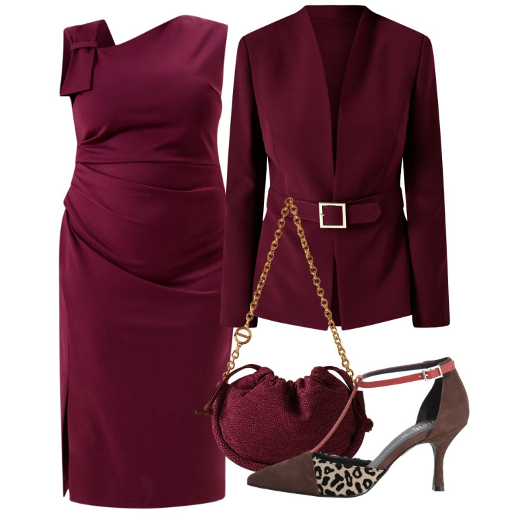 Outfit donna - Cerimonia burgundy. Stile Chic per Cerimonia. Abbinamento con borse a spalla, vestiti a tubino, blazer, décolleté.