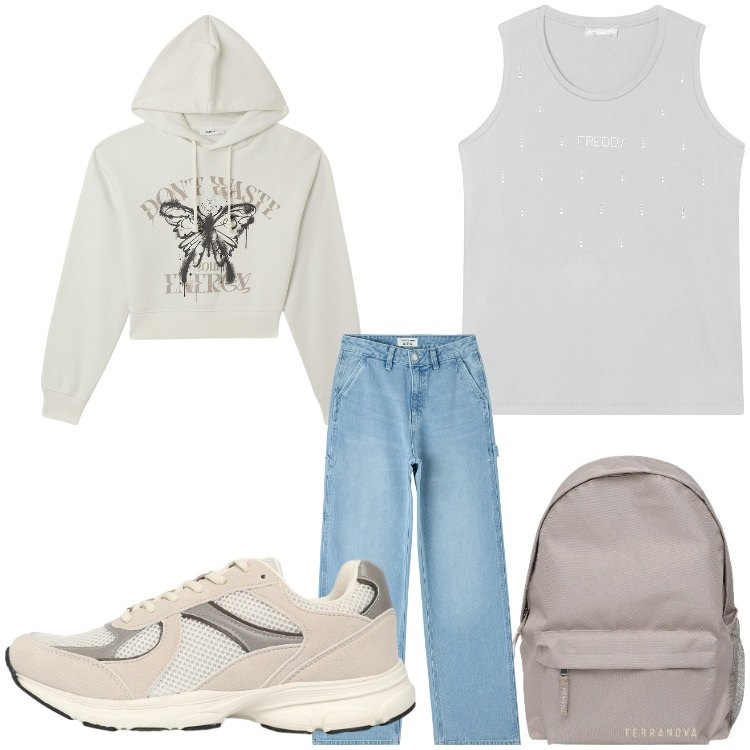 Outfit donna - A scuola. Stile Casual per Scuola/Università. Abbinamento con jeans, felpe con cappuccio, zaini, sneakers, canottiere.