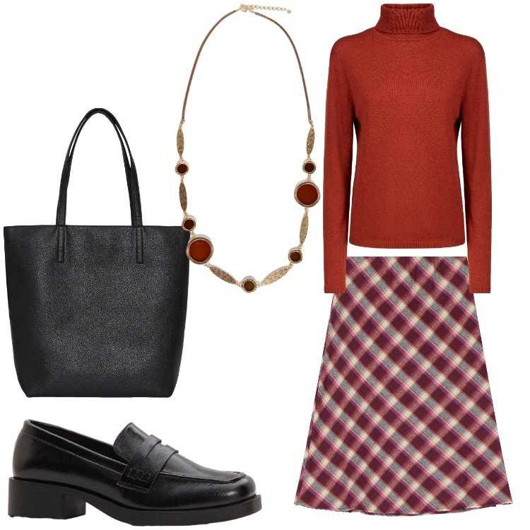 Outfit donna - Una prof a quadretti. Stile Chic per Scuola/Università. Abbinamento con mocassini, borse tote, gonne, maglieria, collane.