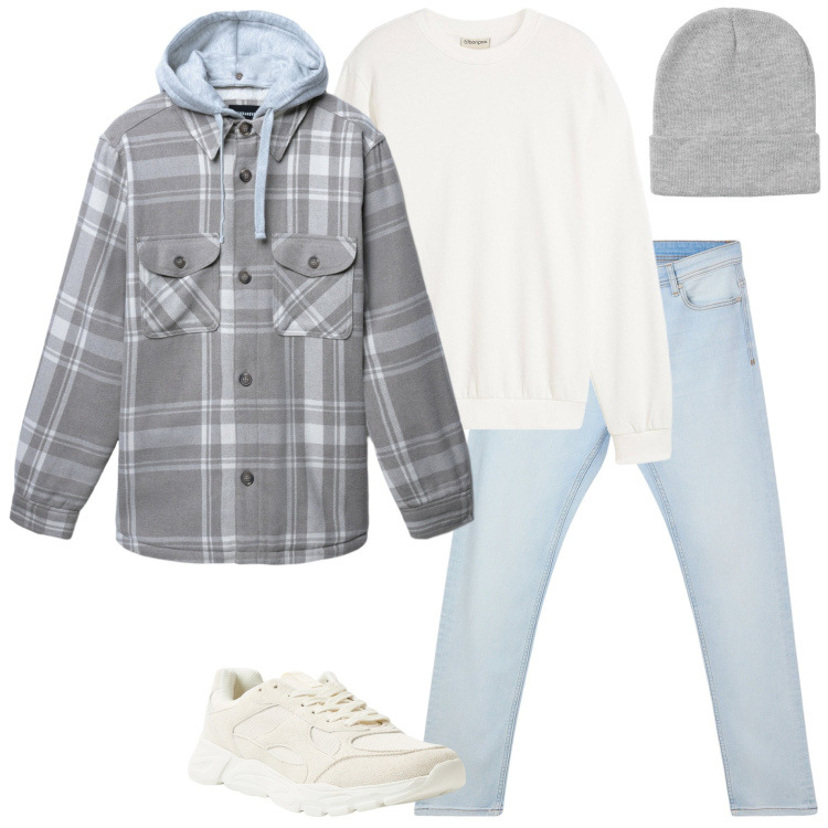 Outfit uomo - Cappotto scozzese. Stile Casual per Tutti i giorni. Abbinamento con felpe, sneakers, jeans skinny, berretti, cappotti.