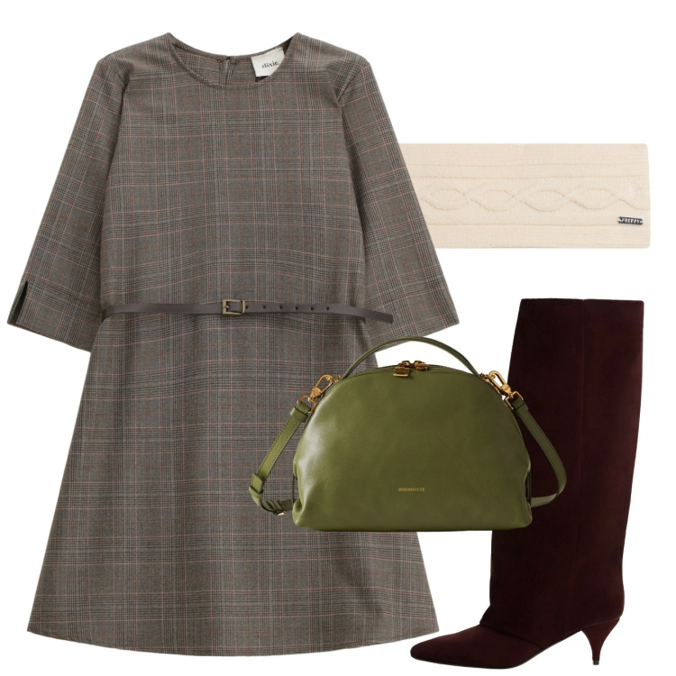 Outfit donna - Prince of Wales in ufficio. Stile Bon Ton per Ufficio. Abbinamento con borse a mano, vestiti corti, stivali, accessori per capelli.