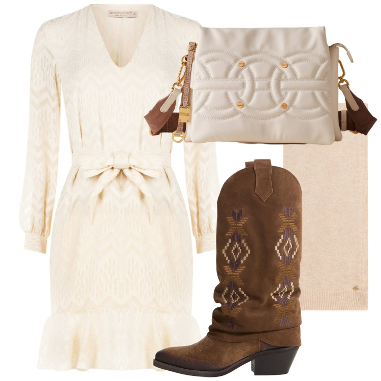 Outfit donna - Avorio ottobre. Stile Boho per Tutti i giorni. Abbinamento con stivali, borse a tracolla, vestiti corti, sciarpe.