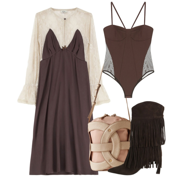 Outfit donna - Cacao. Stile Bon Ton per Tutti i giorni. Abbinamento con borse a secchiello, body, vestiti midi/longuette, stivali.