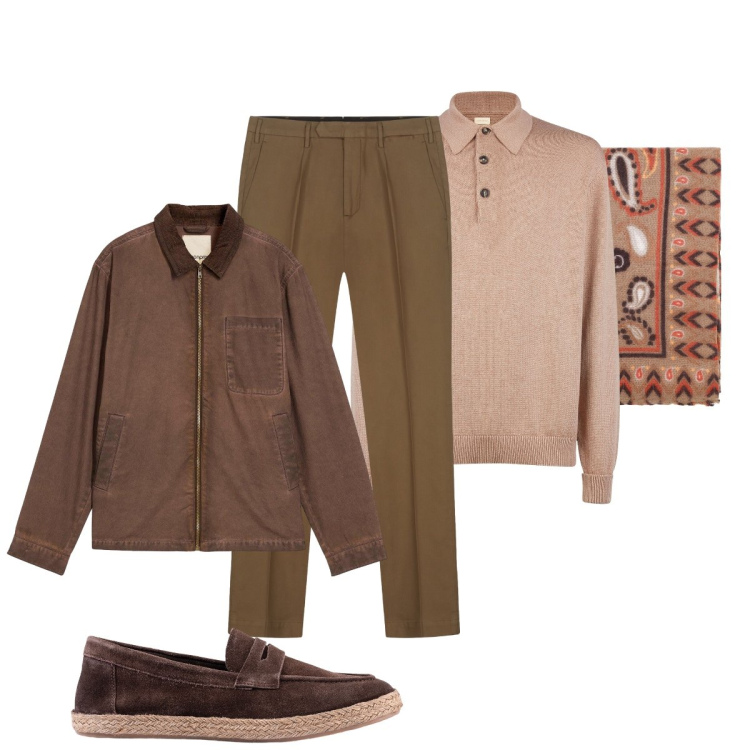 Outfit uomo - Total look #2272806. Stile Trendy per Tutti i giorni. Abbinamento con giacche, sciarpe e foulard, espadrillas, polo, pantaloni.