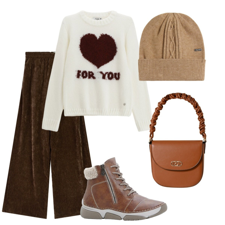 Outfit donna - Mattina. Stile Basic per Tutti i giorni. Abbinamento con stivaletti, pullovers, borse a mano, pantaloni, berretti.