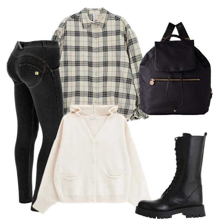 Outfit donna - Mattina. Stile Basic per Tutti i giorni. Abbinamento con zaini, stivali, cardigans, camicie, jeggings.