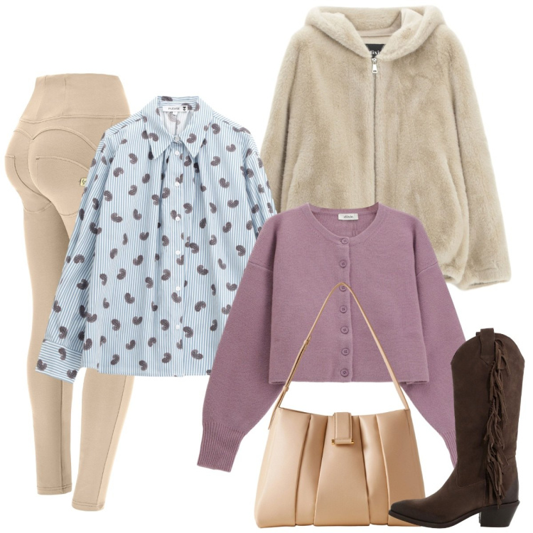 Outfit donna - Mattina. Stile Basic per Ufficio. Abbinamento con camicie, pantaloni, stivali, cardigans, pantaloni skinny, borse a spalla.