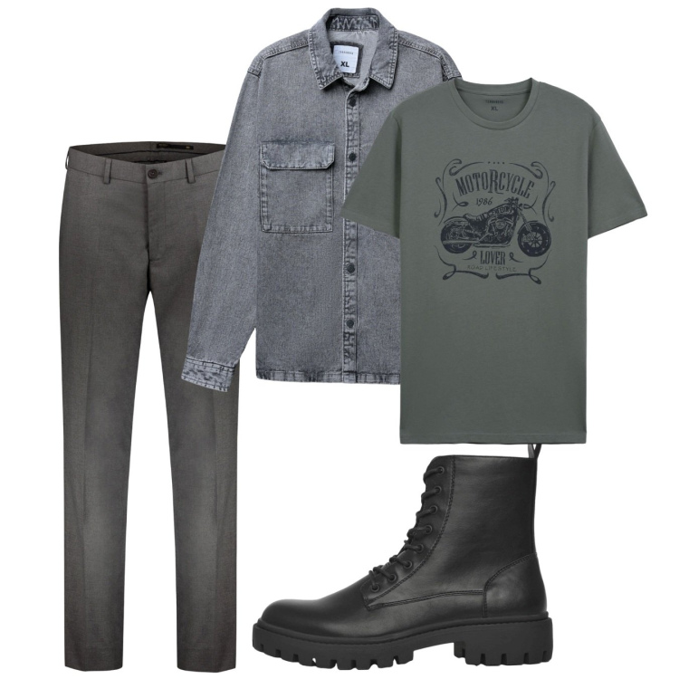 Outfit uomo - Ottobre. Stile Casual per Tutti i giorni. Abbinamento con anfibi, t-shirt, cappotti, pantaloni.