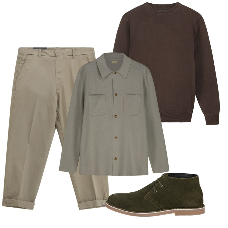 Outfit uomo - Ottobre. Stile Casual per Tutti i giorni. Abbinamento con pantaloni chino, cardigans, stivali e stivaletti, maglieria.