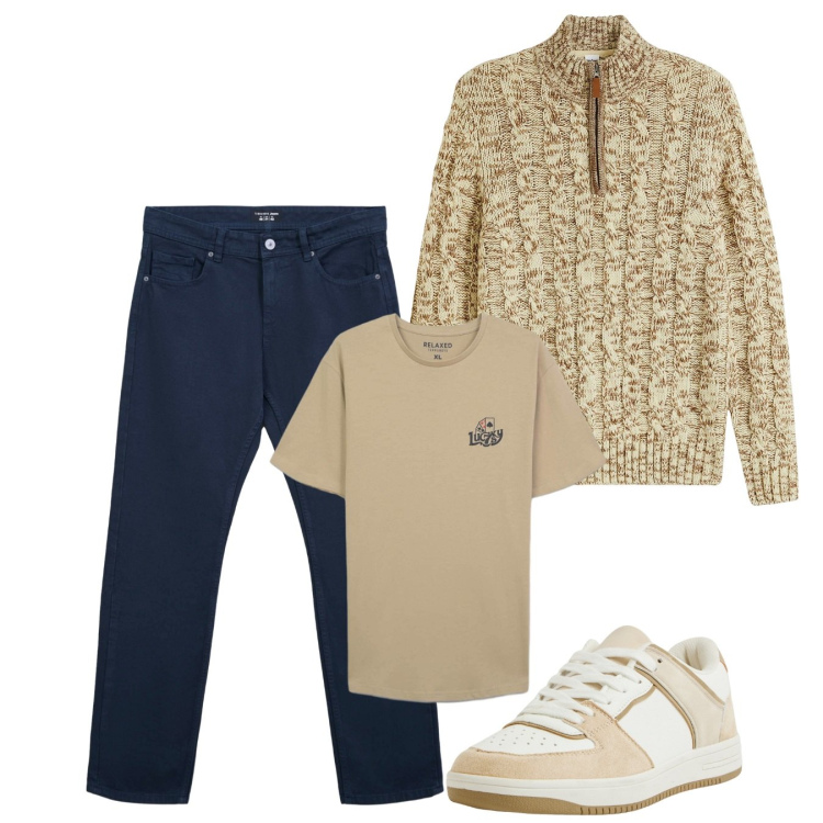 Outfit uomo - Casual. Stile Casual per Tutti i giorni. Abbinamento con maglieria, sneakers, jeans dritti, t-shirt.