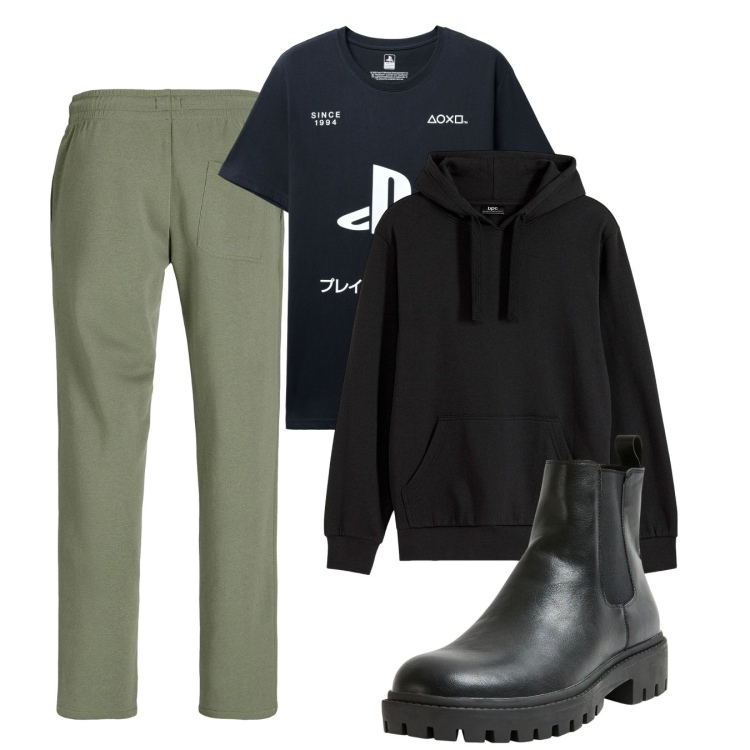 Outfit uomo - Ottobre. Stile Casual per Tutti i giorni. Abbinamento con felpe con cappuccio, pantaloni, stivali e stivaletti, t-shirt.