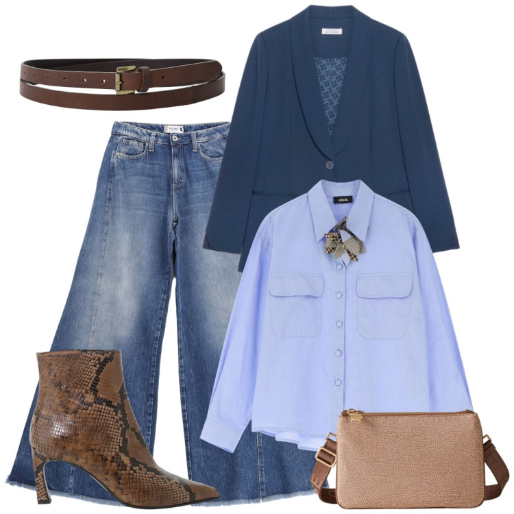 Outfit donna - Giornate calde. Stile Basic per Ufficio. Abbinamento con jeans a zampa, cinture, stivaletti, camicie, borse a tracolla, blazer.