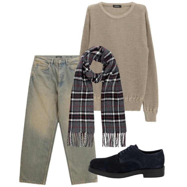 Outfit uomo - Ottobre casual. Stile Casual per Tutti i giorni. Abbinamento con maglieria, jeans, scarpe stringate, sciarpe.