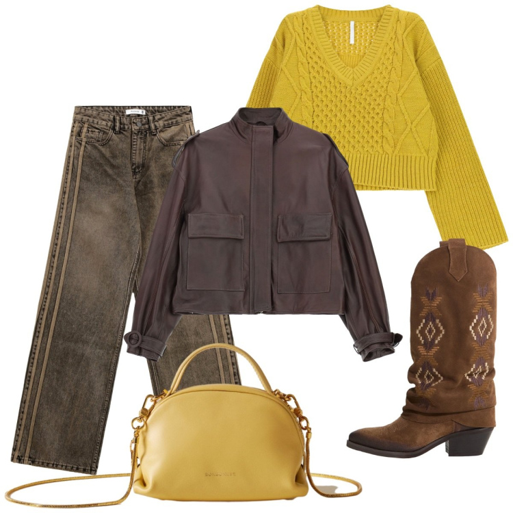 Outfit donna - Giallo. Stile Basic per Tutti i giorni. Abbinamento con jeans, giacche, maglieria, stivali, borse a mano.