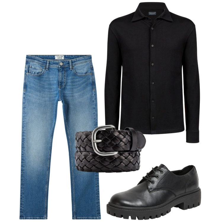 Outfit uomo - Tempo libero. Stile Casual per Serata speciale. Abbinamento con jeans, scarpe stringate, polo, cinture.