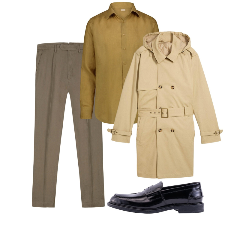 Outfit uomo - Ottobre. Stile Casual per Tutti i giorni. Abbinamento con trench, pantaloni, camicie, scarpe stringate.