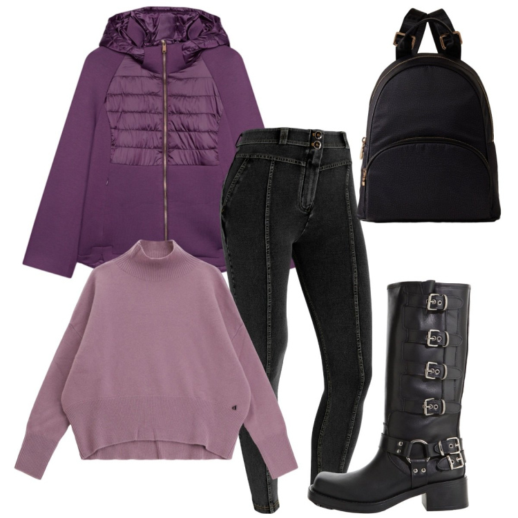 Outfit donna - Università. Stile Basic per Scuola/Università. Abbinamento con jeggings, stivali, maglieria, zaini, piumini.