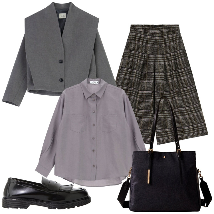 Outfit donna - Serata con amici. Stile Basic per Serata fuori. Abbinamento con camicie, pantaloni a palazzo, mocassini, blazer, shopping bag.