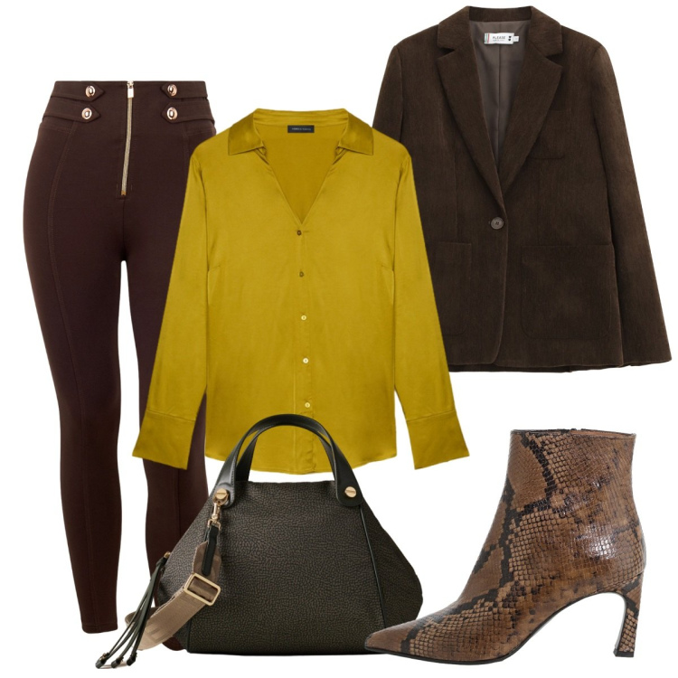Outfit donna - Riunione. Stile Basic per Serata fuori. Abbinamento con blazer, stivaletti, pantaloni skinny, borse a mano, camicie.
