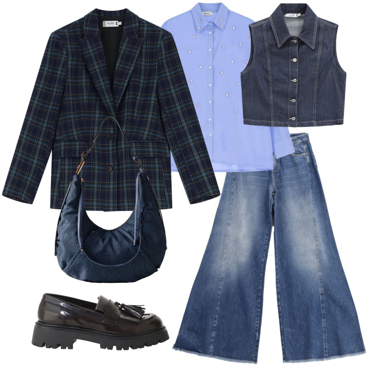 Outfit donna - Total look #2272847. Stile Casual chic per Tutti i giorni. Abbinamento con jeans a zampa, blazer, gilet, borse a spalla, mocassini, camicie.