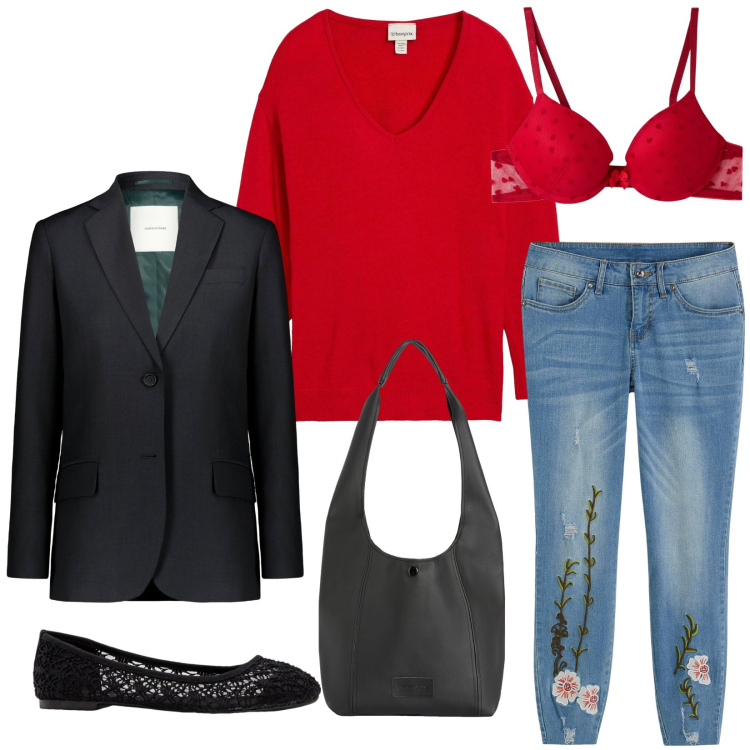Outfit donna - Total look #2272852. Stile Casual per Tutti i giorni. Abbinamento con jeans, ballerine, maglieria, reggiseni push-up, borse a spalla, blazer.
