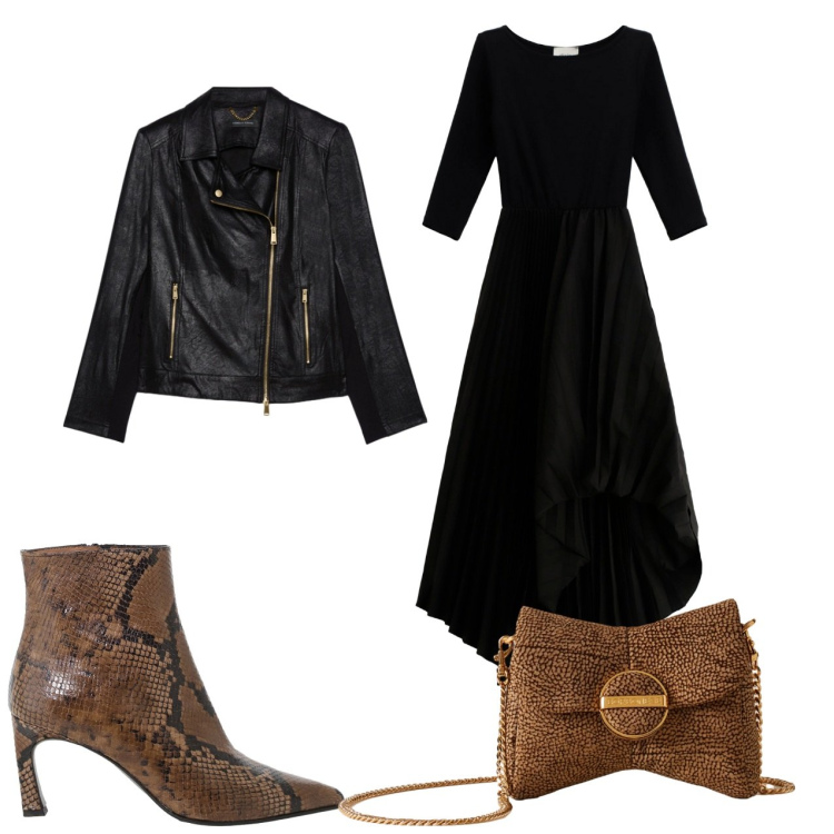 Outfit donna - Strega chic. Stile Glamour per Serata fuori. Abbinamento con vestiti lunghi, stivaletti, pochette, giacche.
