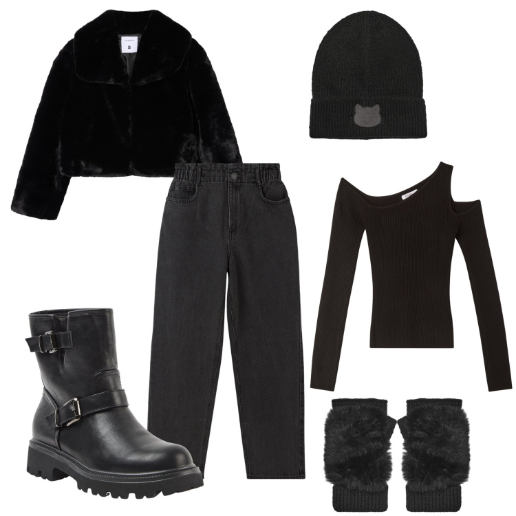 Outfit donna - Black Cat. Stile Glamour per Tutti i giorni. Abbinamento con jeans, stivaletti, guanti, berretti, maglieria, ecopellicce.