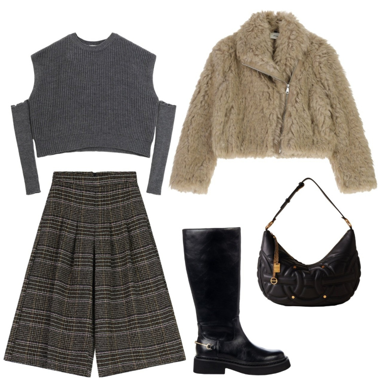 Outfit donna - Tartan casual. Stile Casual chic per Ufficio. Abbinamento con stivali sopra il ginocchio, pantaloni a palazzo, maglieria, cappotti, borse a spalla.