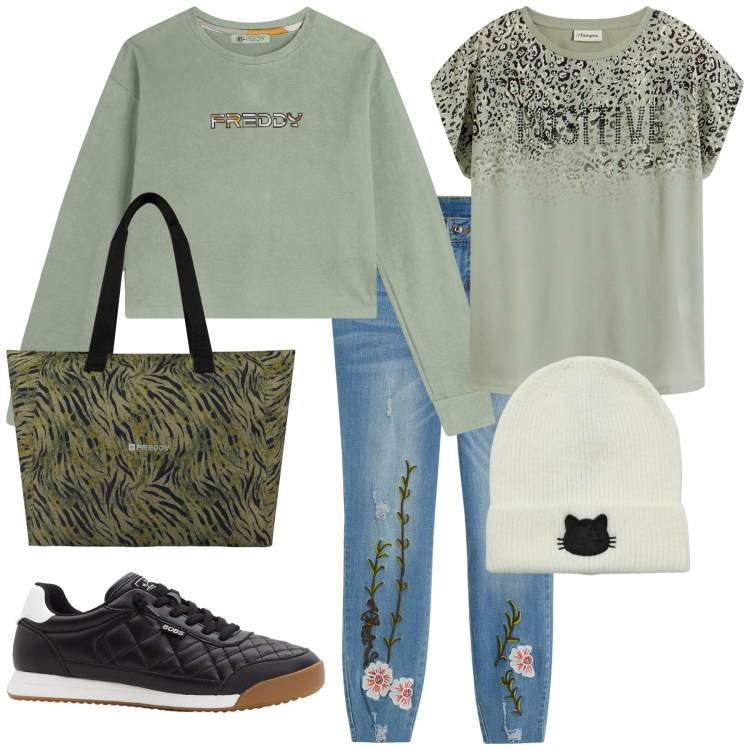 Outfit donna - Total look #2272863. Stile Basic per Scuola/Università. Abbinamento con jeans, maglieria, sneakers, berretti, felpe, shopping bag.