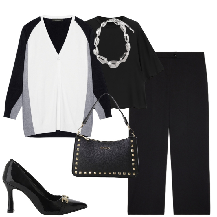 Outfit donna - City. Stile Urban per Tutti i giorni. Abbinamento con pochette, décolleté, top, cardigans, pantaloni, ciondoli.