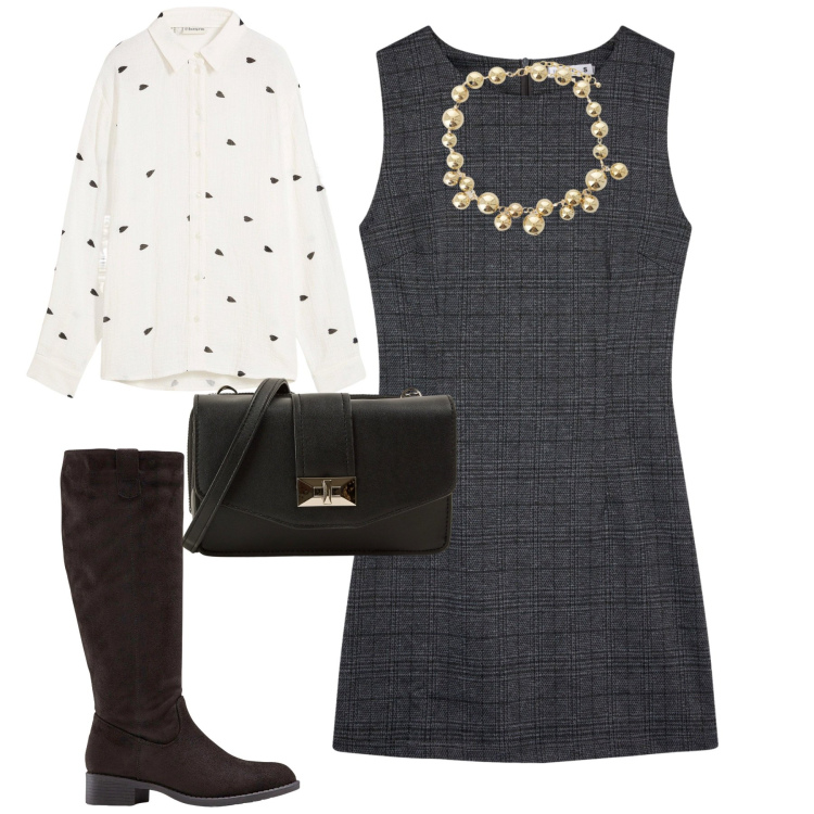 Outfit donna - Ottobre. Stile Minimal per Tutti i giorni. Abbinamento con stivali, camicie, borse a tracolla, vestiti senza maniche, collane.