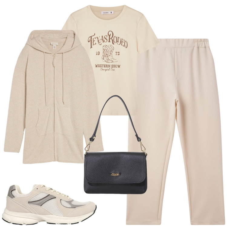 Outfit donna - Ottobre. Stile Casual per Tutti i giorni. Abbinamento con cardigans, pantaloni, t-shirt, sneakers, borse a tracolla.
