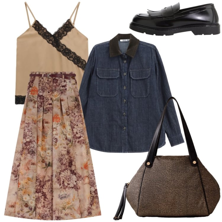 Outfit donna - Caffè con le amiche. Stile Casual chic per Tutti i giorni. Abbinamento con camicie, pantaloni a palazzo, mocassini, top, shopping bag.