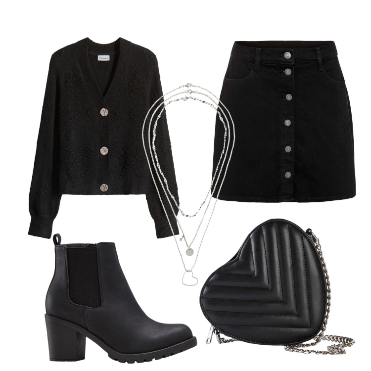 Outfit donna - Cuore nero. Stile Glamour per Serata fuori. Abbinamento con gonne, cardigans, stivaletti, collane, borse a tracolla.
