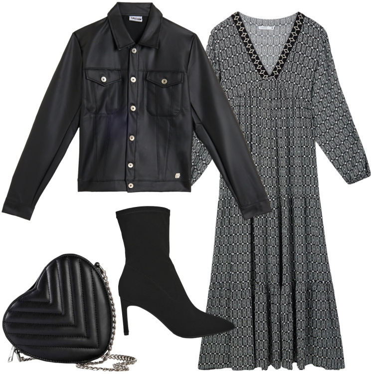 Outfit donna - Serata black. Stile Urban per Serata fuori. Abbinamento con borse a tracolla, vestiti lunghi, stivali, giacche.