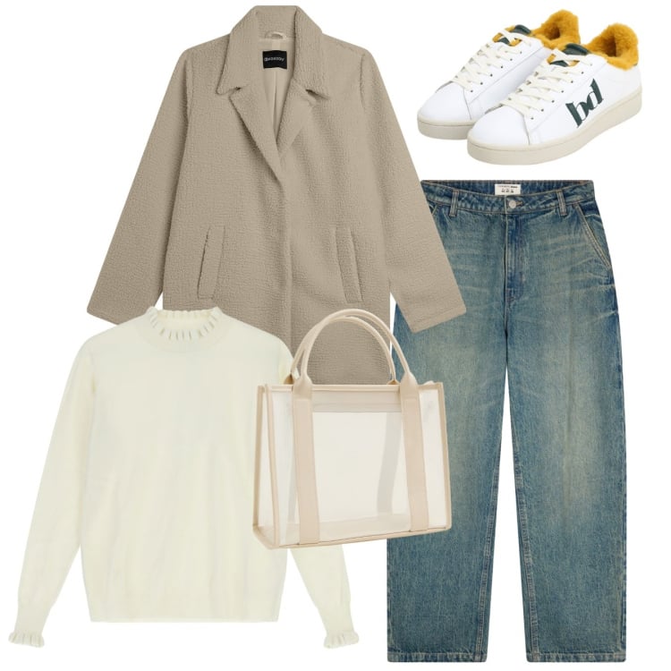 Outfit donna - Bianco a novembre. Stile Casual per Tutti i giorni. Abbinamento con jeans, borse tote, cappotti, sneakers, maglieria.