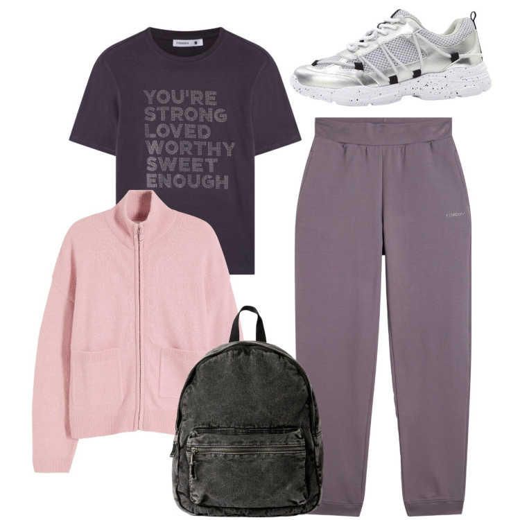 Outfit donna - Sportwear. Stile Basic per Tutti i giorni. Abbinamento con sneakers, cardigans, t-shirt, zaini, pantaloni.