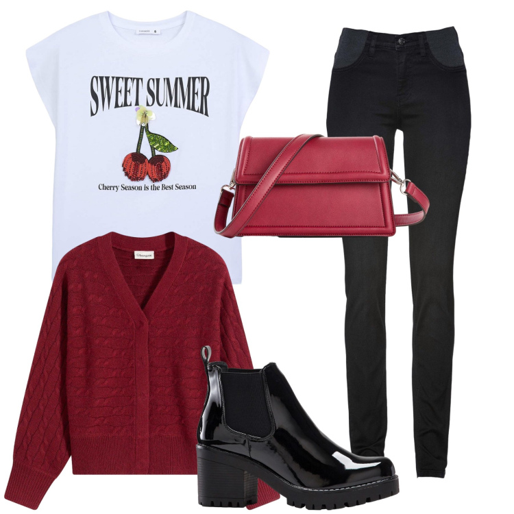 Outfit donna - Cherry. Stile Glamour per Tutti i giorni. Abbinamento con stivaletti, cardigans, jeans skinny, borse a tracolla, t-shirt.