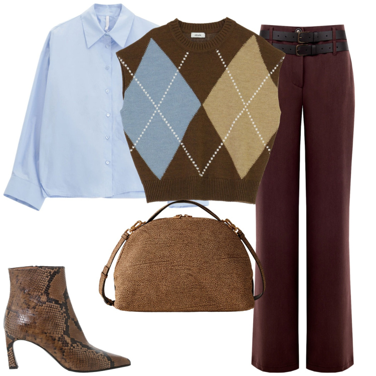 Outfit donna - Total look #2272899. Stile Trendy per Tutti i giorni. Abbinamento con borse a mano, pantaloni, stivaletti, gilet, camicie.
