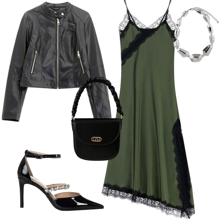 Outfit donna - Total look #2272901. Stile Trendy per Serata fuori. Abbinamento con borse a mano, décolleté, giacche, vestiti asimmetrici, ciondoli.