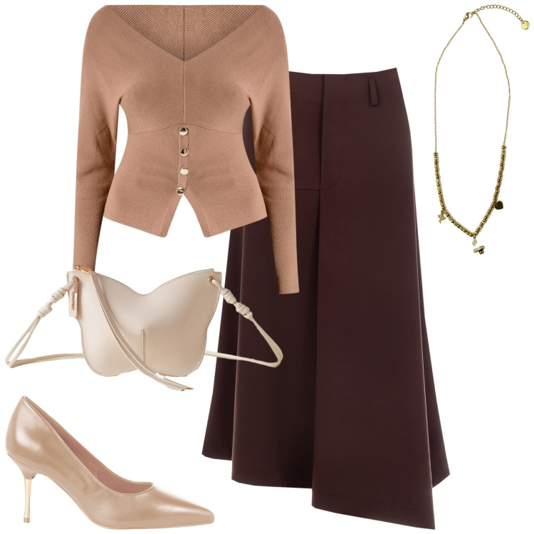 Outfit donna - Ottobre. Stile Urban per Tutti i giorni. Abbinamento con borse a tracolla, gonne longuette, décolleté, maglieria, ciondoli.