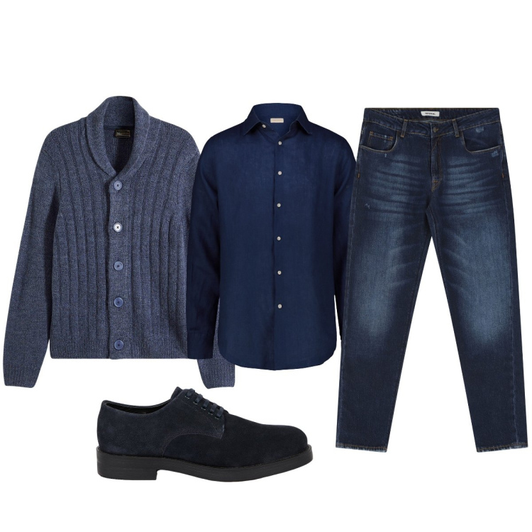 Outfit uomo - Total look #2272905. Stile Trendy per Ufficio. Abbinamento con cardigans, jeans dritti, scarpe stringate, camicie.