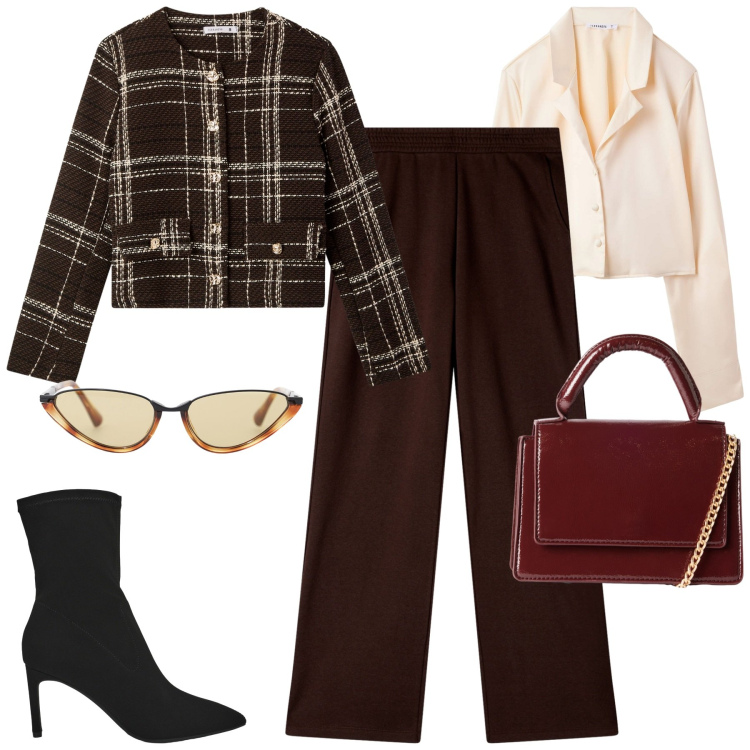 Outfit donna - Fall. Stile Bon Ton per Tutti i giorni. Abbinamento con camicie, borse a tracolla, blazer, stivali, pantaloni, occhiali da sole.