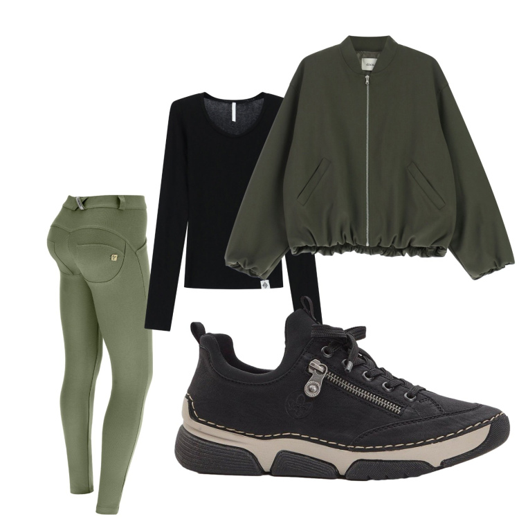 Outfit donna - Domenica alternativa. Stile Military per Tutti i giorni. Abbinamento con sneakers, pantaloni skinny, t-shirt, bomber.