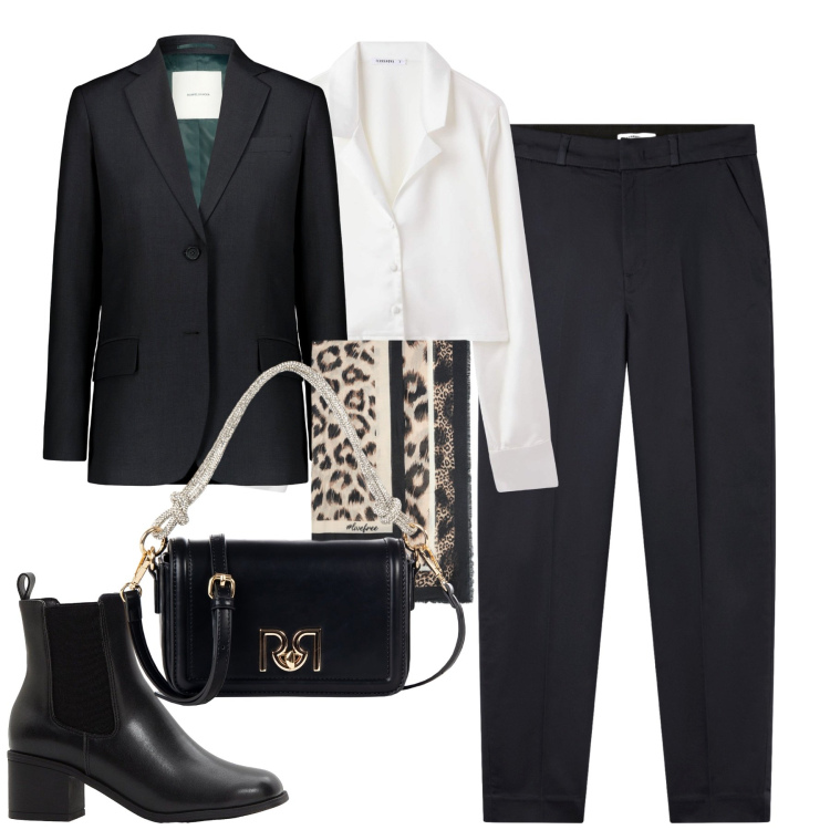 Outfit donna - In ufficio. Stile Minimal per Ufficio. Abbinamento con stivaletti, pantaloni chino, camicie, borse a mano, blazer, foulard.
