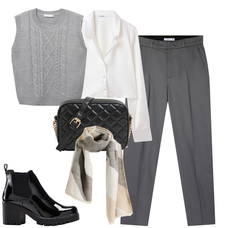 Outfit donna - In ufficio. Stile Minimal per Ufficio. Abbinamento con stivaletti, foulard, camicie, pantaloni chino, maglieria, borse a tracolla.