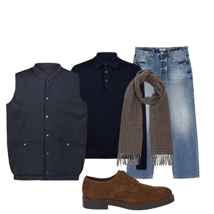 Outfit uomo - Total look #2272911. Stile Trendy per Ufficio. Abbinamento con jeans, scarpe stringate, polo, sciarpe, piumini.